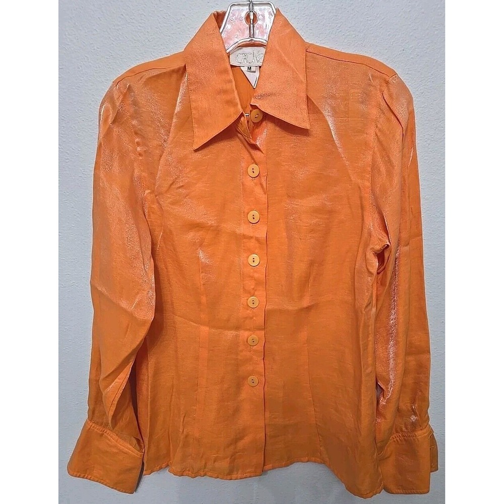 Cache Button‎ Front Blouse Size M Iridescent ORANGE Long Sleeves Y2K Vintage